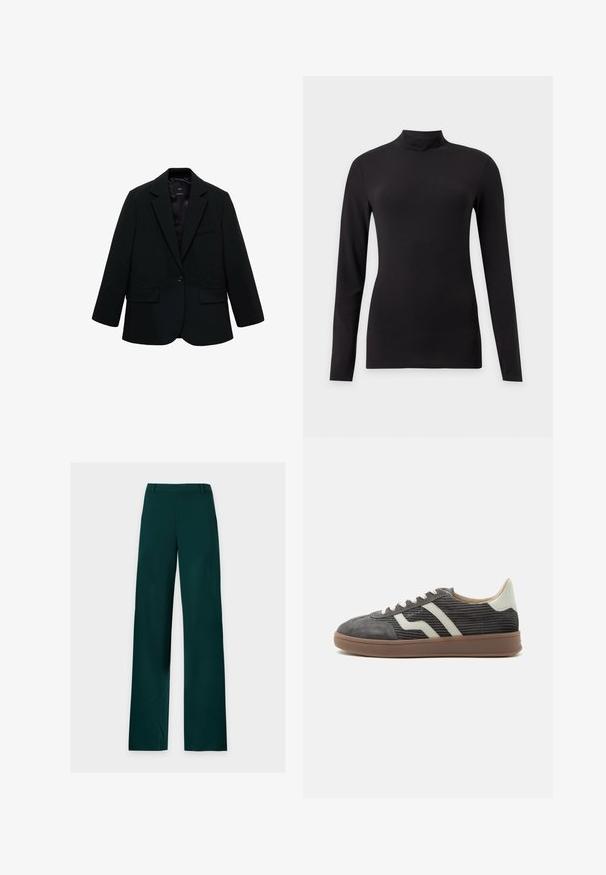Zwarte blazer van gladde stof. Heeft een enkele knoopsluiting, notch-lapels en twee voorzakken. Simpel, op maat gemaakt ontwerp.; Zwarte aansluitende top met lange mouwen en een opstaande kraag, getoond op een effen lichtgrijze achtergrond.; Donkergroene broek met rechte pijpen, riemlussen, voorsluiting met rits en wijde pijpen, plat neergelegd op een witte achtergrond.; Grijze corduroy lage sneaker met witte zijstrepen, beige hielstuk, witte veters en bruine rubberen zool.