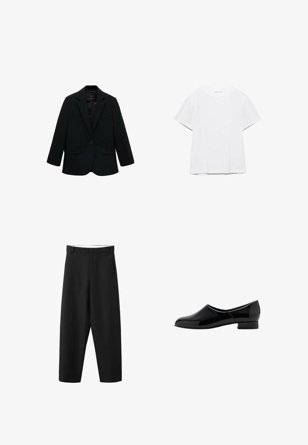 Sort blazer lavet af glat stof. Har en enkelt knaplukning, notchede klapkraver og to frontlommer. Enkel, skræddersyet design.; Hvid, kortærmet T-shirt med rund hals og lige kant, vist på en hvid baggrund.; Sorte bukser med lige ben, bæltestropper, frontlynlås og et rent, enkelt design, der passer til både formelt og afslappet brug.; Sort patentlæder slip-on sko med rund tå og lav, blokhælhælk. Glat overflade, minimalistisk design, ingen synlige udsmykninger.