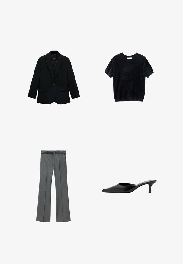 Sort blazer lavet af glat stof. Har en enkelt knaplukning, notchede klapkraver og to frontlommer. Enkel, skræddersyet design.; Sort kortermet sweater lavet af blødt, fuzzystof. Har en rund halsudskæring og en afslappet pasform med en let cropped kant.; Grå skræddersyede bukser med lige ben, letvægtigt stof, bæltesløjfer og et smalt bælte med en sølvspænde.; Sort læder mule med spids tå, lav, slank hæl og design uden hæl, som man nemt kan træde i.