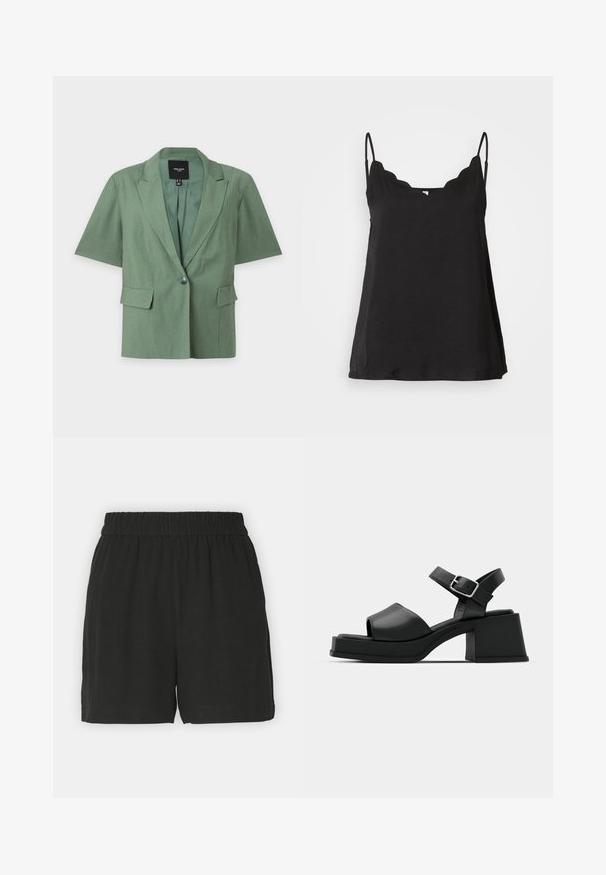 Veste verte à manches courtes avec revers crantés, un bouton devant et deux poches à rabat, présentée à plat sur fond blanc.; Top cami noir à volants avec fines bretelles, texture douce et coupe ample. Doté d'un décolleté légèrement arrondi et d'un design simple.; Shorts en lin noir avec une ceinture élastique, offrant une coupe décontractée et des poches latérales. Texture lisse et longueur au-dessus du genou.; Sandales plateforme noires en cuir avec un design à bout ouvert, une bride à la cheville et un talon carré large. Texture lisse et style minimaliste.