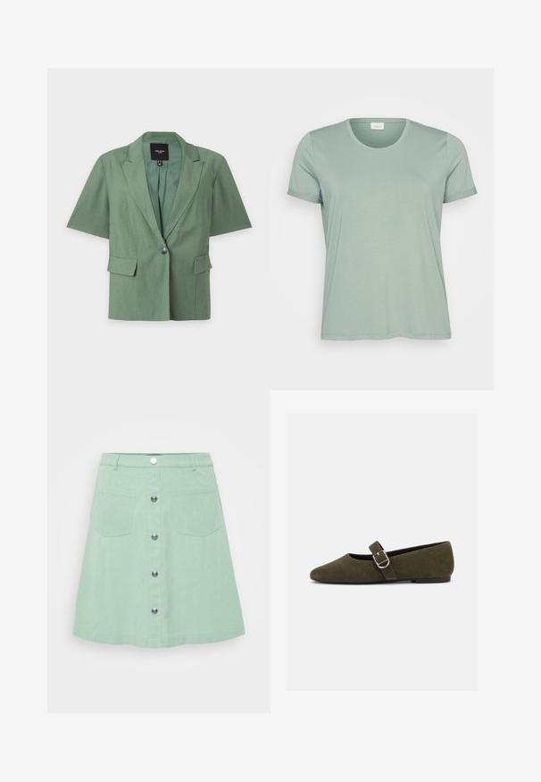 Veste verte à manches courtes avec revers crantés, un bouton devant et deux poches à rabat, présentée à plat sur fond blanc.; T-shirt vert clair à manches courtes en tissu doux, avec un col rond et des manches roulées. Texture lisse, coupe légèrement décontractée.; Jupe en denim vert menthe avec une fermeture à boutons, deux poches avant et un design évasé. Tissu texturé avec des détails de couture visibles.; Chaussure plate Mary Jane en daim vert olive avec bride à boucle argentée et bout arrondi, présentée sur fond blanc.