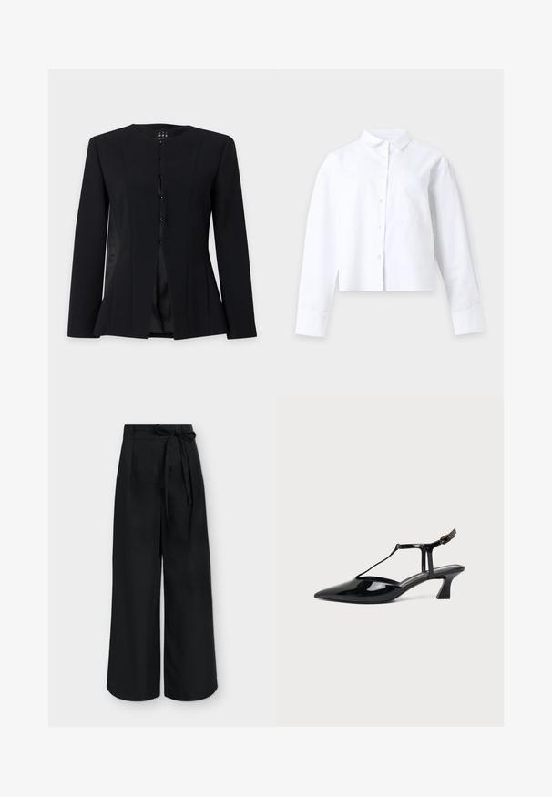 Blazer noir à manches longues, coupe ajustée, col rond, boutonnage simple devant et taille légèrement évasée, présenté sur un fond uni.; Chemise blanche à manches longues avec col et poche devant, posée à plat sur un fond clair uni.; Pantalon noir taille haute à jambes larges avec une ceinture en tissu nouée en nœud à la taille, présenté sur un fond uni.; Chaussure slingback en cuir verni noir à bout pointu avec bride en T et petit talon bloc incliné sur fond blanc.