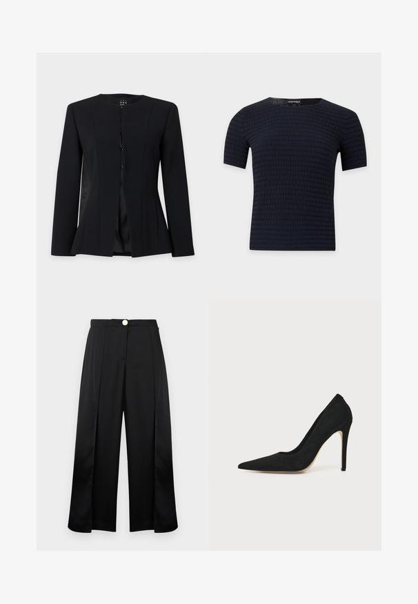 Blazer noir à manches longues, coupe ajustée, col rond, boutonnage simple devant et taille légèrement évasée, présenté sur un fond uni.; Chemise noire à manches courtes avec un motif texturé horizontal subtil et un col rond, présentée sur un fond clair uni.; Pantalon large noir à taille haute, avec plis sur le devant, fentes latérales et fermeture par bouton doré.; Escarpin stiletto noir à talon haut avec bout pointu et texture lisse, présenté de profil sur un fond clair uni.
