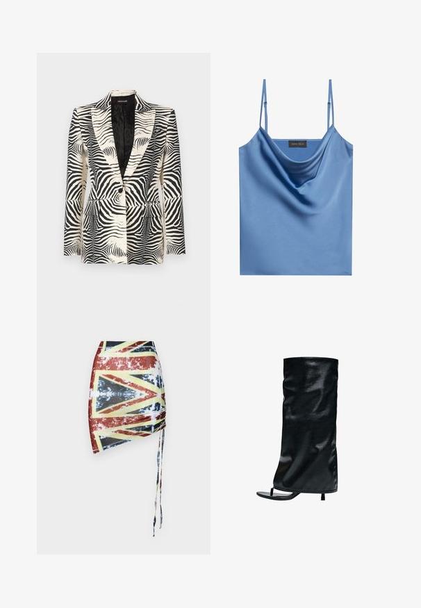Zebra-mønstret blazer med en struktureret design, enkeltknapslukning og to frontlommer, lavet af et glat, letvægtsstof.; Blå satin camisole med tynde justerbare stropper, der har en cowl-udskæring og en glat, blank overflade. Labelen siger "ANNA FIELD."; Sinead Gorey LARGE UNION JACK PRINT RUCHED SKIRT - Mini skirts - red; Sort højhælet åben-tå sandal med høj, blød støvle skaft i kunstlæder, der går til midt på læggen.