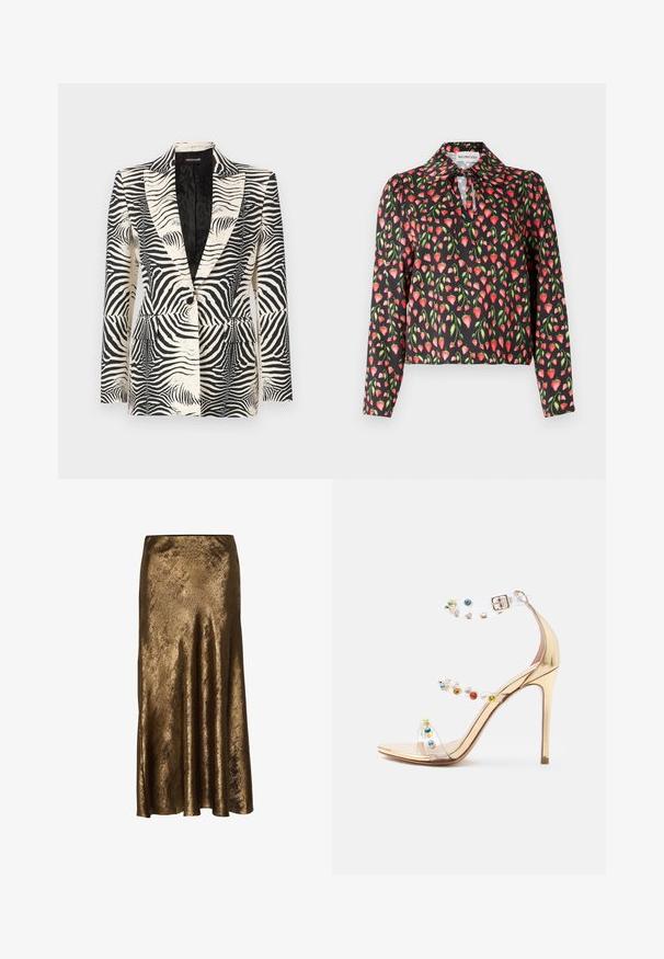 Zebra-mønstret blazer med en struktureret design, enkeltknapslukning og to frontlommer, lavet af et glat, letvægtsstof.; Sort bluse med et blomstermønster af røde jordbær og grønne blade, med en krave og en nøglehulåbning ved halsen.; Bronzefarvet satin nederdel med en glat tekstur, gulvlængde design og udvidet silhuet. Har en subtil glansfinish.; Guld højhælet sandal med tre klare remme prydet med flerfarvede ædelsten og lukning med ankelspænde.