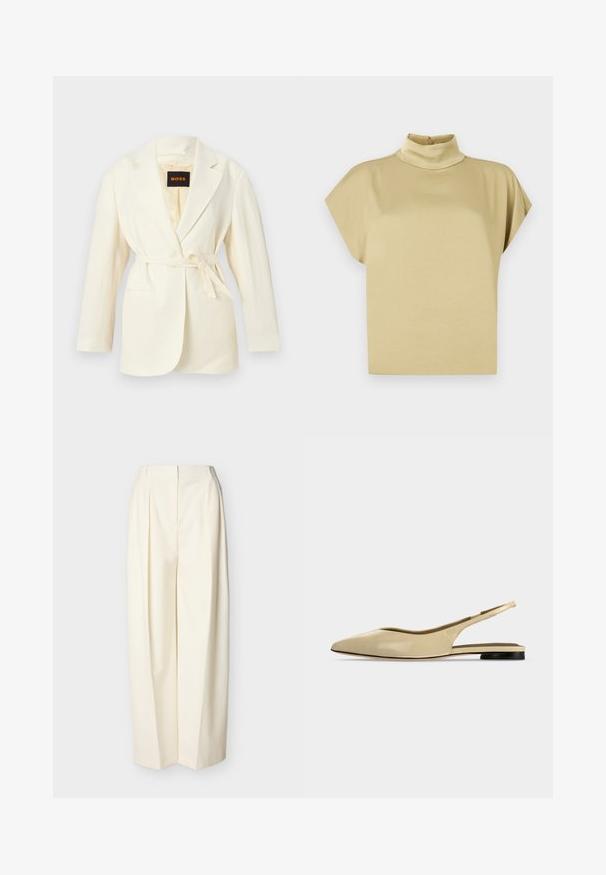 Blazer pour femme couleur crème avec revers crantés, manches longues, deux poches avant, et une ceinture à nouer à la taille, étiquette BOSS à l'intérieur du col.; Haut beige à manches courtes avec un col montant et une fermeture par bouton à l'arrière du col.; Pantalon crème à taille haute et jambes larges avec plis devant, fermeture éclair avant dissimulée et passants pour ceinture.; Chaussure plate beige à bout pointu avec bride arrière, petit talon noir et finition en cuir lisse, vue de côté sur un fond uni.
