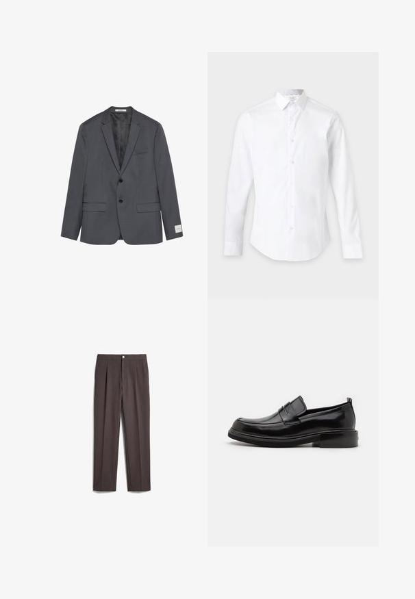Σκούρο γκρι ανδρικό σακάκι με δύο μπροστινά κουμπιά, πέτο με εγκοπή και τσέπες με καπάκι, εμφανίζεται σε λευκό φόντο.; Λευκό πουκάμισο με μακριά μανίκια και κουμπιά, με κλασικό γιακά, απεικονίζεται σε ένα απλό ανοιχτό φόντο.; Σκούρο καφέ παντελόνι με ίσια γραμμή, εμπρόσθιο κούμπωμα με κουμπί και φερμουάρ, ορατές εμπρόσθιες πιέτες και θηλιές ζώνης στη μέση.; Calvin Klein MOCCASIN - Έξυπνα slip-on παπούτσια - black