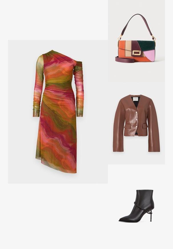 Brun faux læder blazer med v-hals, lange ærmer, frontknaplukning og to frontlommer. Glat tekstur med let glans.; AMUR DRENA DRESS - Etuikjole - lucid glaze; Slank sorte ankelstøvle med spids tå, indviklet designaccent og høj stiletthæl på hvid baggrund.; Farveblok-læderhåndtaske i orange, beige, bordeaux, grøn og lyserød med guldlås og dobbelt bordeaux stropper, en kort og en lang.