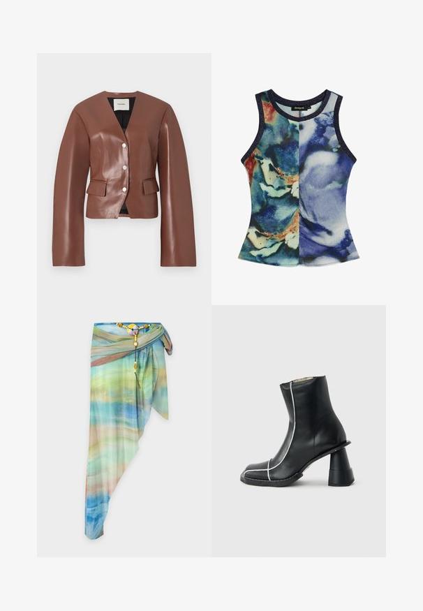 Brun faux læder blazer med v-hals, lange ærmer, frontknaplukning og to frontlommer. Glat tekstur med let glans.; Ærmeløs damesinglet med rund hals og abstrakt blå, grøn og beige akvarelprint, med mørke kanter.; Asymmetrisk gennemsigtig omslagsnederdel med blå, grøn og beige gradientmønster, fastgjort med et dekorativt perlebælte og rundt spænde.; Sort læderankelstøvle med hvide syninger, firkantet snude og unik bredt udflaret hæl, vist i sidelayout på grå baggrund.