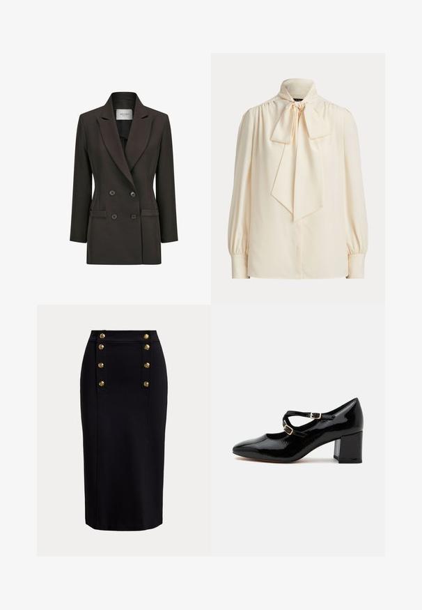 Dubbelborstige bruine blazer met een opstaande kraag, twee voorzakken en zwarte knopen. Glad textuur en een getailleerde pasvorm.; Crèmekleurige blouse met lange mouwen, een hoge kraag en een grote gestrikte strik bij de hals, met geplooide schouders en omslagmouwen.; Zwarte knielange kokerrok met een verticaal voorpaneel en twee rijen van zes gouden decoratieve knopen.; Zwarte lakleren Mary Jane schoen met een puntige neus, twee verstelbare gespsluitingen en een stevige middenhoge hak, zijaanzicht.