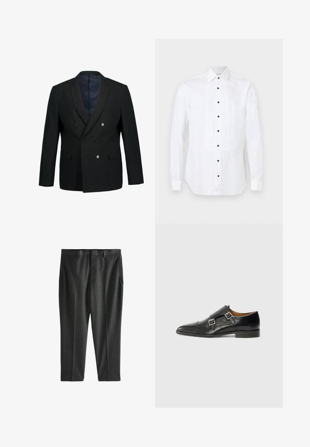 Sort dobbeltbrystet blazer med spidse slag, to forlommer, tre knapper og en blå mønstret indvendig foring.; Hvid skjorte med lange ærmer, plisseret frontpanel og sorte knapper, med spids krave og manchetter med knaplukning.; Next STRIPE-REGULAR FIT - Chino - charcoal grey; Sort læder monk strap sko med spids tå, enkelt spænde detaljer, glat tekstur og flad hæl. Minimalistisk design med subtil branding.