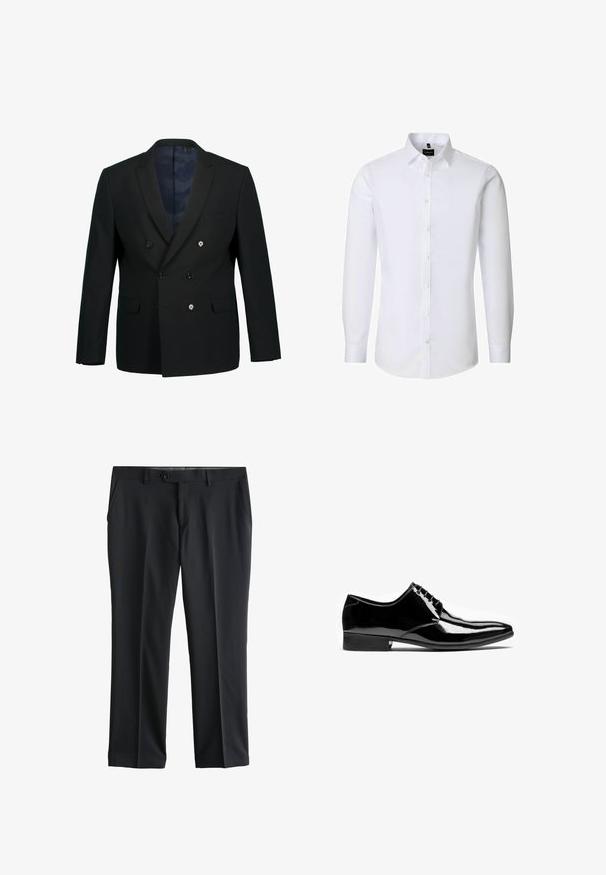 Sort dobbeltbrystet blazer med spidse slag, to forlommer, tre knapper og en blå mønstret indvendig foring.; Hvid langærmet herre-skjorte med knapper foran og klassisk krave, ensfarvet design, vist mod en hvid baggrund.; Sorte formelle bukser med frontknap, bæltestropper, sidelommer og et fladt frontdesign.; Sort skinnende læder herre formelle snørestøvler med spids tå og lav stacket hæl på hvid baggrund.
