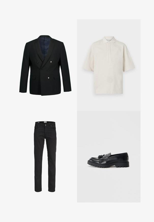 Sort dobbeltbrystet blazer med spidse slag, to forlommer, tre knapper og en blå mønstret indvendig foring.; Beige polo skjorte med korte ærmer, krave, tre frontknapper og en blød tekstur. Har en afslappet, boxy pasform.; Sorte jeans med slim fit, fem lommer, knap- og lynlås-lukning samt bæltestropper, vist på hvid baggrund.; Sorte læder loafers med en blank finish, kraftig gummisål og dekorativt frynse-detalje på forsiden.