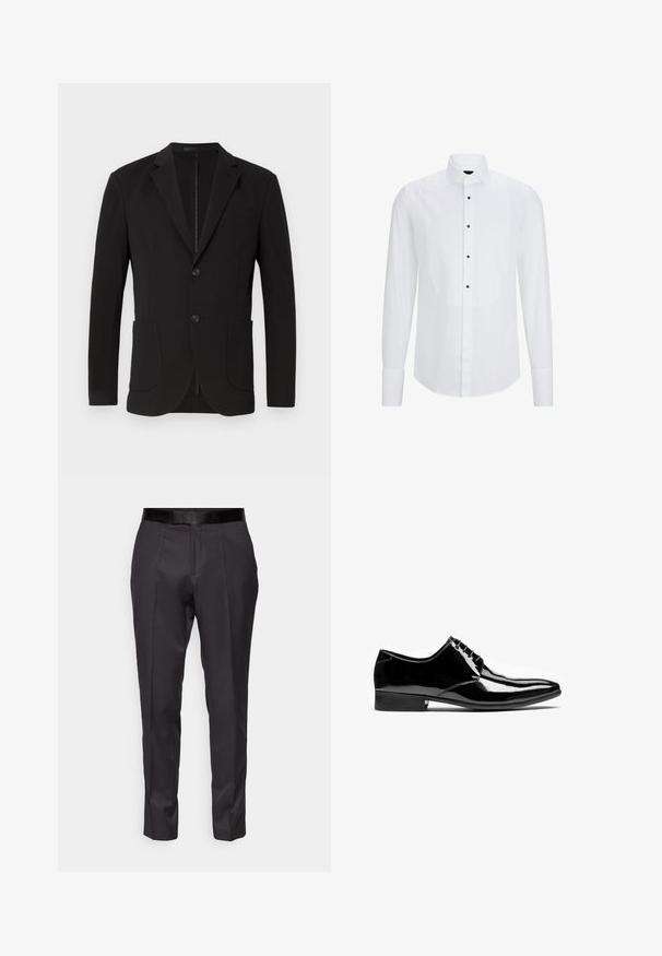 Sort blazer med en skræddersyet pasform, klaposhuller, to forlommer, en brystlomme og en knaplukning. Glat stof med mat finish.; Hvid langærmet skjorte med et buet frontpanel, sorte knapper ned langs midten og en klassisk krave. Glat stofstruktur.; Sorte skræddersyede bukser med slim fit, flad front og diskret glans. Har en glat sort talje og kantdetaljer langs benene.; Sort skinnende læder herre formelle snørestøvler med spids tå og lav stacket hæl på hvid baggrund.