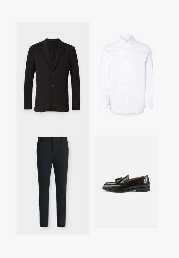Zwarte blazer met een getailleerde pasvorm, notch revers, twee voorzakken, een borstzak en een knoopsluiting. Gladde stof met een matte afwerking.; Witte blouse met lange mouwen, klassieke kraag en manchetten met knopen.; Zwarte slim-fit nette broek met riemlussen, ritssluiting aan de voorkant en zonder zichtbare zakken, weergegeven tegen een effen witte achtergrond.; Zwarte leren instappers met een kwastaccent, een ronde neus en een gladde afwerking. De zool is plat met een minimaal profiel.