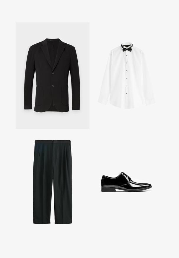 Sort blazer med en skræddersyet pasform, klaposhuller, to forlommer, en brystlomme og en knaplukning. Glat stof med mat finish.; Hvid skjorte med lange ærmer med sorte knapper og en færdigbundet sort butterfly på en hvid baggrund.; Sorte bukser med vide ben og læg ved taljen samt et matchende stofbælte på en hvid flad baggrund.; Sort skinnende læder herre formelle snørestøvler med spids tå og lav stacket hæl på hvid baggrund.
