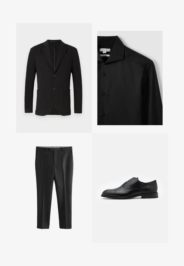 Blazer negro con un corte a medida, solapas de muesca, dos bolsillos frontales, un bolsillo en el pecho y cierre de botón. Tejido suave con un acabado mate.; Camisa negra ajustada con un diseño elegante, textura suave, cierre de botones y un cuello estructurado. Etiquetas visibles en el interior del cuello.; Pantalones negros ajustados de un material suave. Presentan un diseño de frente plano, presillas para cinturón y bolsillos laterales. Piernas limpias, de corte recto.; Zapato de vestir de cuero negro con punta redonda, diseño con cordones y detalles de costura sutiles. Presenta un tacón bajo y una textura suave.