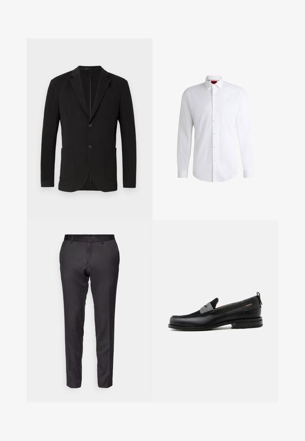 Zwarte blazer met een getailleerde pasvorm, notch revers, twee voorzakken, een borstzak en een knoopsluiting. Gladde stof met een matte afwerking.; Witte overhemden van soepel materiaal met een klassieke kraag, lange mouwen en een afgeronde zoom. Voorzien van beige knopen aan de voorkant.; Op maat gemaakte zwarte broek van een gladde stof, met een slim fit, rechte pijpen en een platte voorkant met ceintuurlussen.; Zwarte leren loafer met grijs riemdetailelement, lage hak en gestructureerde zool, aan de zijkant gebrandmerkt met "HUGO" in goud.