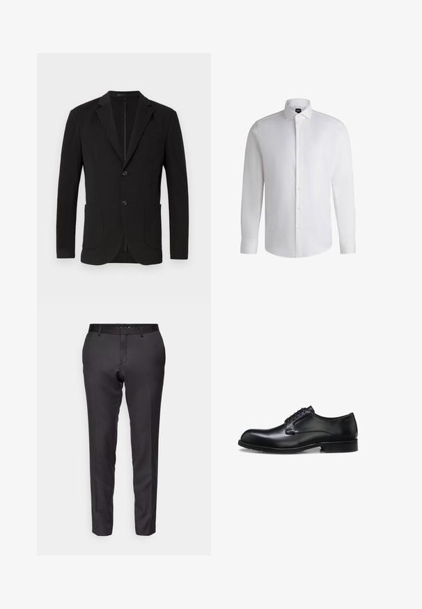 Sort blazer med en skræddersyet pasform, klaposhuller, to forlommer, en brystlomme og en knaplukning. Glat stof med mat finish.; Hvid langærmet skjorte lavet af glat bomuld, med klassisk krave, fuld knaplukning og knapmanchetter. Minimalistisk design.; Skræddersyede sorte bukser lavet af et glat stof, med slim fit, lige ben og flad frontdesign med bæltestropper.; Sort poleret læder herresko med lukket snøresystem, lav hæl og diskret mærkedetalje nær hælen på hvid baggrund.
