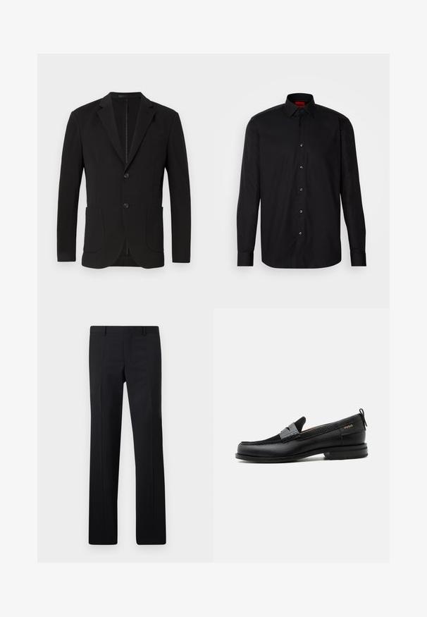 Zwarte blazer met een getailleerde pasvorm, notch revers, twee voorzakken, een borstzak en een knoopsluiting. Gladde stof met een matte afwerking.; Zwarte longsleeve shirt van gladde stof, met een klassieke kraag, knoopsluiting aan de voorkant en een getailleerde pasvorm.; Zwarte op maat gemaakte pantalon met een recht model, scherpe plooien en een gladde afwerking. Gemaakt van lichtgewicht stof met een strakke tailleband.; Zwarte leren loafer met grijs riemdetailelement, lage hak en gestructureerde zool, aan de zijkant gebrandmerkt met "HUGO" in goud.