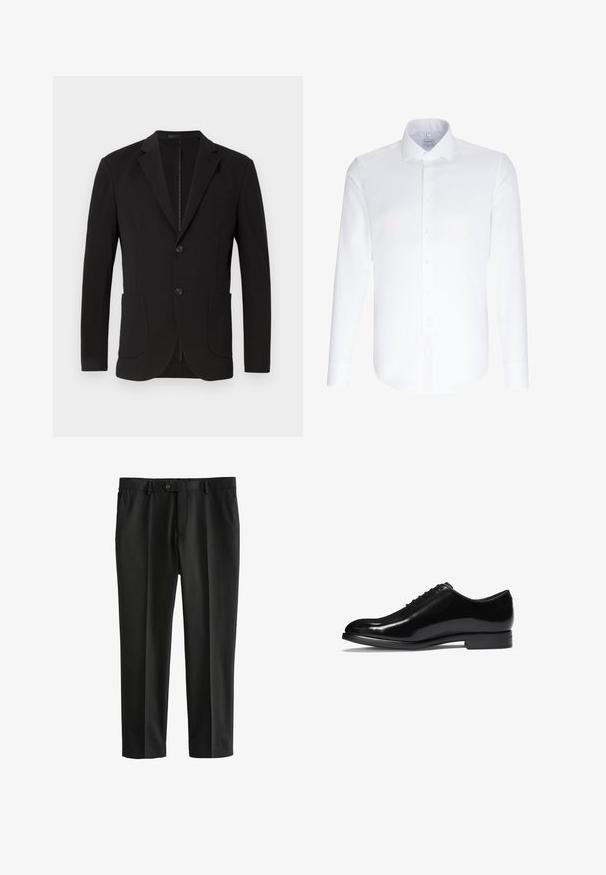 Sort blazer med en skræddersyet pasform, klaposhuller, to forlommer, en brystlomme og en knaplukning. Glat stof med mat finish.; Hvid langærmet skjorte lavet af glat bomuld, med en klassisk krave og knaplukning foran. Ingen mønstre eller detaljer synlige.; Sorte dressbukser lavet af glat materiale, med lige ben, frontfolder, standard talje og enkelt knaplukning.; Glinsende sorte læder oxford sko med lukket snøring og lav hæl, vist fra siden på en hvid baggrund.