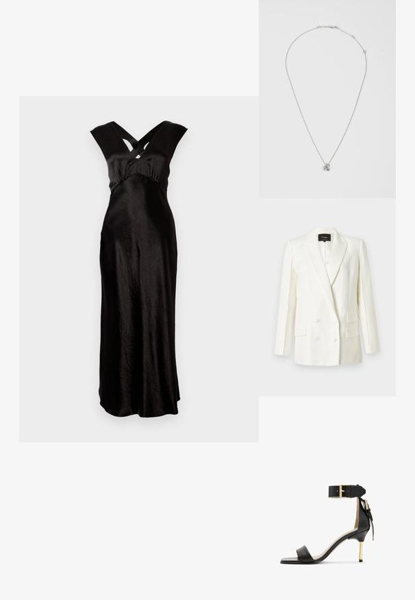 Blazer blanc à double boutonnage avec de fines rayures verticales, col à revers cranté, deux poches à rabat et quatre boutons blancs sur le devant.; Robe en satin noir au design long, dotée d'un décolleté en V croisé et de larges bretelles. Texture lisse et détails minimalistes.; Sandale à talon en cuir noir avec un bout carré, une bride de cheville dotée d'une boucle en or et un talon métallique fin. Texture lisse, design minimaliste.; Collier en chaîne en argent avec un pendentif en forme de nœud décoratif, au fini lisse et avec des maillons de forme et taille uniformes.