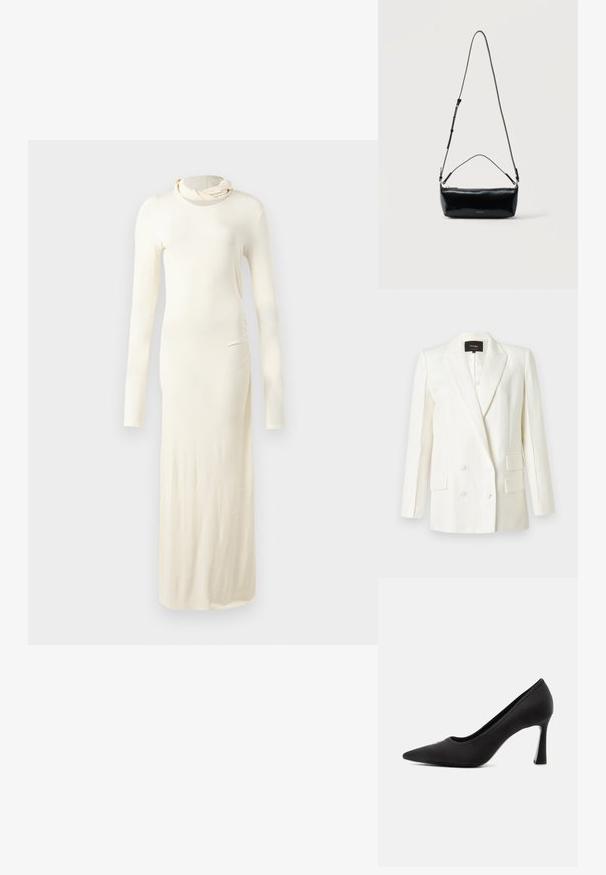 Blazer blanc à double boutonnage avec de fines rayures verticales, col à revers cranté, deux poches à rabat et quatre boutons blancs sur le devant.; Robe à manches longues de couleur crème fabriquée à partir d'un tissu doux. Présente un col montant et une silhouette ajustée avec un détail de fronces sur les côtés.; Escarpin à talon haut noir à bout pointu avec une finition lisse et un talon fin et courbé sur un fond clair uni.; Sac bandoulière rectangulaire en cuir noir avec bandoulière ajustable, fermeture éclair sur le dessus et petit logo Calvin Klein doré sur le devant.