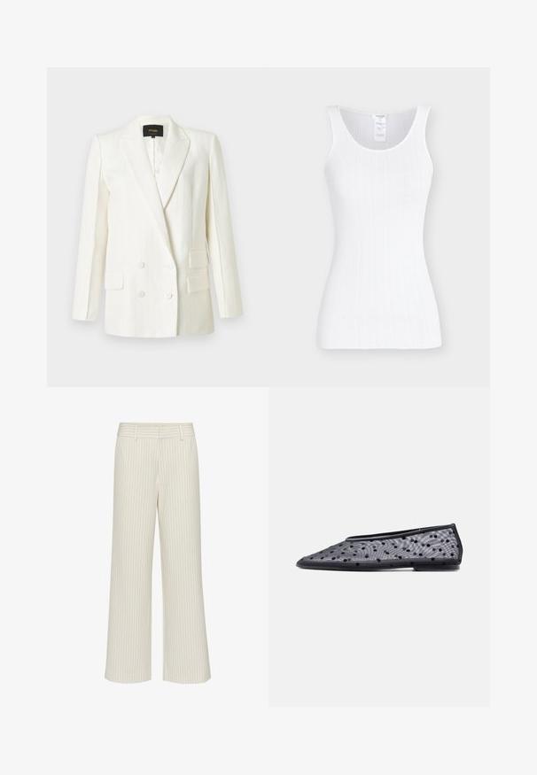 Blazer blanc à double boutonnage avec de fines rayures verticales, col à revers cranté, deux poches à rabat et quatre boutons blancs sur le devant.; Débardeur blanc sans manches en maille côtelée avec encolure dégagée et silhouette ajustée sur fond uni.; Pantalons larges en tissu crème avec de subtiles rayures verticales, dotés d'une taille plate et de passants de ceinture. Texture lisse sans poches.; Chaussure plate noire à bout pointu, en tissu transparent avec un motif à pois noirs sur un fond clair.