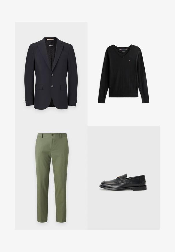Navyblauer taillierter Blazer aus glattem Stoff, mit zwei Knöpfen, Vier-Knopf-Manschetten und einer einzelnen Brusttasche. Gefütterter Innenraum mit Logo.; Schwarzer Langarm-V-Ausschnitt-Pullover mit kleinem rot-weiß-blauem Logo auf der linken Brust, flach auf weißem Hintergrund dargestellt.; Grüne Hosen aus strukturiertem Stoff, mit schmalem Schnitt, geraden Beinen und einem Frontknopfverschluss. Geeignet für Freizeit- oder formelle Anlässe.; Schwarze Lederloafers mit runder Zehenform, genähten Details und einem kleinen goldenen Akzent an der Vorderseite. Die Sohle ist flach und unauffällig.