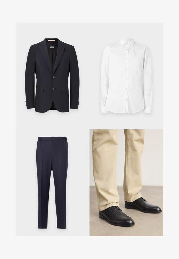 Navyblauer taillierter Blazer aus glattem Stoff, mit zwei Knöpfen, Vier-Knopf-Manschetten und einer einzelnen Brusttasche. Gefütterter Innenraum mit Logo.; Weißes, langärmliges Hemd aus Baumwolle mit Knöpfen. Verfügt über einen spitzen Kragen und ein kleines, gesticktes Logo auf der Brust. Glatte Textur.; Navyblaue Hose mit flacher Front, elastischem Bund und Knopfverschluss. Gerader Schnitt und glatte Textur, geeignet für formelle oder legere Anlässe.; Schwarze Leder Schnürschuhe mit runder Zehenform, glatter Oberfläche und dezenten Nähdetails, getragen mit hellbeigen Hosen.