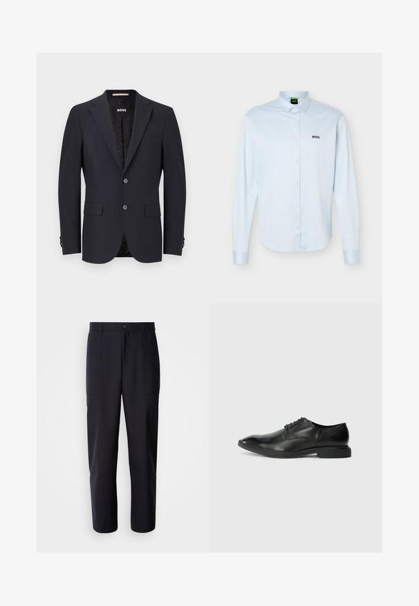 Marineblå skræddersyet blazer i glat stof, med to knapper, fire-knap manchetter og en enkelt brystlomme. Foring med logo.; Lyseblå langærmet skjorte med knapper og krave, sort "BOSS"-logo på venstre bryst og manchetter med knapper.; Mørk navy bukser lavet af glat stof, med en lige ben design, to sidelommer og en knaplukning i taljen.; Sort læder herresko med glat overflade, spids tå, seks snørrehuller og lav, rektangulær hæl. Diskret brandingdetalje på siden.