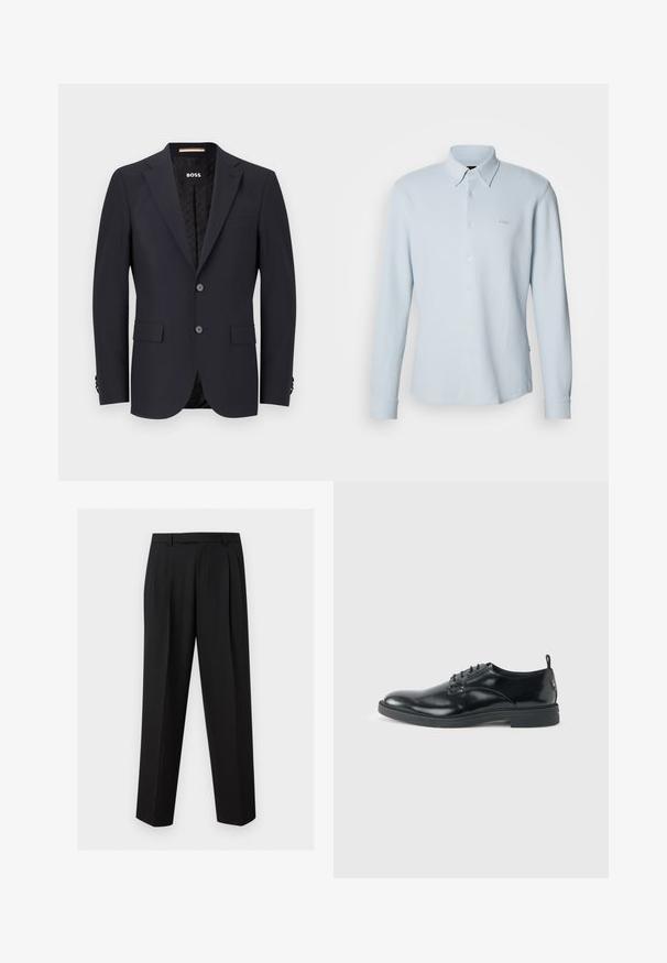 Marineblå skræddersyet blazer i glat stof, med to knapper, fire-knap manchetter og en enkelt brystlomme. Foring med logo.; Lyseblå langærmet skjorte med knapper. Fremstillet af tekstureret stof med klassisk krave, prydet med et diskret logo på brystet og knapmanchetter.; Sorte skræddersyede bukser med lige ben, plisseringer ved taljen, bæltestropper og sidelommer med slidser, vist på en enkel baggrund.; Blank sort læder dresssko med lav hæl, snørelukning og rund tå, vist fra siden på ensfarvet lys baggrund.