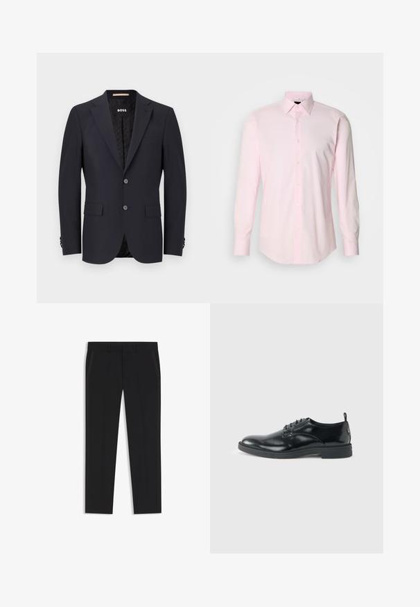 Navyblauer taillierter Blazer aus glattem Stoff, mit zwei Knöpfen, Vier-Knopf-Manschetten und einer einzelnen Brusttasche. Gefütterter Innenraum mit Logo.; Hellrosa Hemd mit Knöpfen, langen Ärmeln, klassischem Kragen und glattem Baumwollstoff. Verfügt über helle Knöpfe entlang der Knopfleiste.; Schwarze formelle Hose mit Vorderfalten, Seitentaschen, Gürtelschlaufen und geradem Bein.; Glänzender schwarzer Lederschuh mit niedrigem Absatz, Schnürverschluss und runder Kappe, seitlich auf hellem, schlichten Hintergrund gezeigt.