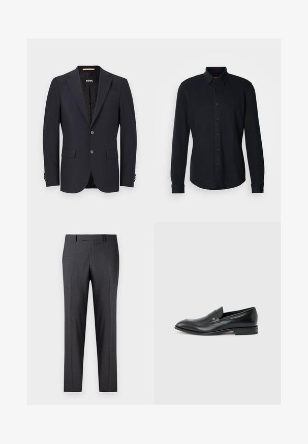 Blazer ajusté bleu marine en tissu lisse, comportant deux boutons, des poignets à quatre boutons et une poche poitrine unique. Intérieur doublé avec logo.; Chemise bleu marine à manches longues en tissu texturé, dotée d'un col boutonné, de boutons sur le devant et d'un logo discret sur la poitrine.; Pantalons gris foncé ajustés en tissu lisse et texturé ; dotés d'un devant plat et de jambes droites ; design minimaliste sans accents visibles.; Mocassin pour hommes en cuir noir avec talon bas, bout arrondi et petit logo métallique sur la bride, présenté en profil latéral sur un fond uni.