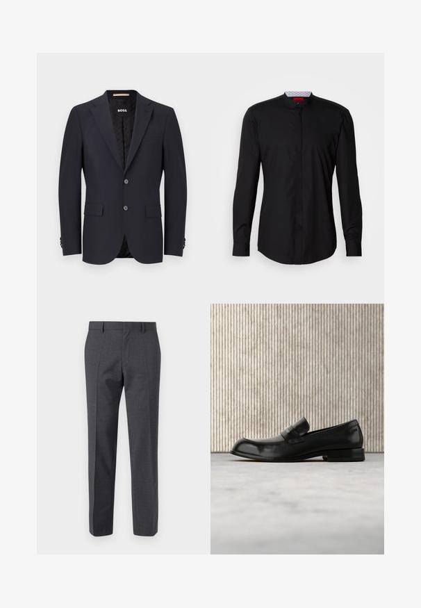 Navyblauer taillierter Blazer aus glattem Stoff, mit zwei Knöpfen, Vier-Knopf-Manschetten und einer einzelnen Brusttasche. Gefütterter Innenraum mit Logo.; Schwarzes Langarmhemd mit Stehkragen, aus glattem Stoff gefertigt, mit durchgehender Knopfleiste und subtilen Designdetails.; Grau maßgeschneiderte Hose mit strukturiertem Finish, flacher Vorderseite und geradem Bein. Verfügt über Seitentaschen und Gürtelschlaufen.; Schwarzer Leder-Loafer mit Metallakzent, der schwebend über einem beigen Teppich präsentiert wird, im Hintergrund ein runder, bernsteinfarbener Tisch.