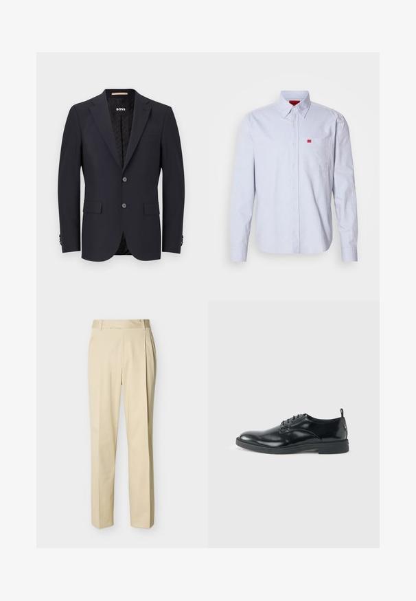 Marineblå skræddersyet blazer i glat stof, med to knapper, fire-knap manchetter og en enkelt brystlomme. Foring med logo.; Lyseblå skjorte med knapper lavet af stof med en glat tekstur. Har en lille rød logo på brystlommen og krave med knapper.; Beige bukser med lige ben, bæltestropper og forreste læg på en ensartet lys baggrund.; Blank sort læder dresssko med lav hæl, snørelukning og rund tå, vist fra siden på ensfarvet lys baggrund.