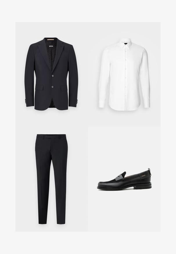 Marineblå skræddersyet blazer i glat stof, med to knapper, fire-knap manchetter og en enkelt brystlomme. Foring med logo.; Hvid skjorte med lange ærmer, knaplukning foran, klassisk krave, lavet af glat stof med en subtil tekstur, designet til et tætsiddende udseende.; Sorte skræddersyede bukser med slim fit, der har flad front, bæltestropper og ingen synlige mønstre eller detaljer. Glat tekstur.; Sort læderloafer med grå remdetalje, lav hæl og tekstureret sål, mærket med "HUGO" i guld på siden.