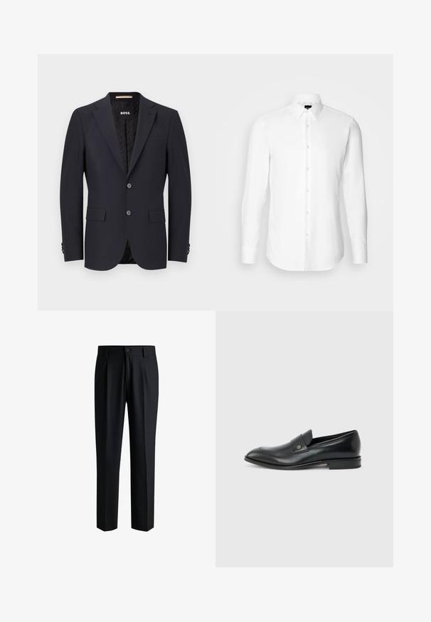 Navyblauer taillierter Blazer aus glattem Stoff, mit zwei Knöpfen, Vier-Knopf-Manschetten und einer einzelnen Brusttasche. Gefütterter Innenraum mit Logo.; Weißes Langarmhemd, vorne mit Knöpfen, klassischer Kragen, aus glattem Stoff mit feiner Textur, für eine figurnahe Passform entworfen.; Schwarze Hose aus glattem Stoff, mit geradem Bein-Design, Falten vorne und einem Knopfverschluss mit Gürtelschlaufen.; Schwarzer Herren-Ledermokassin mit niedrigem Absatz, abgerundeter Zehe und kleinem metallischem Logo auf dem Riemen, seitlich auf schlichtem Hintergrund dargestellt.