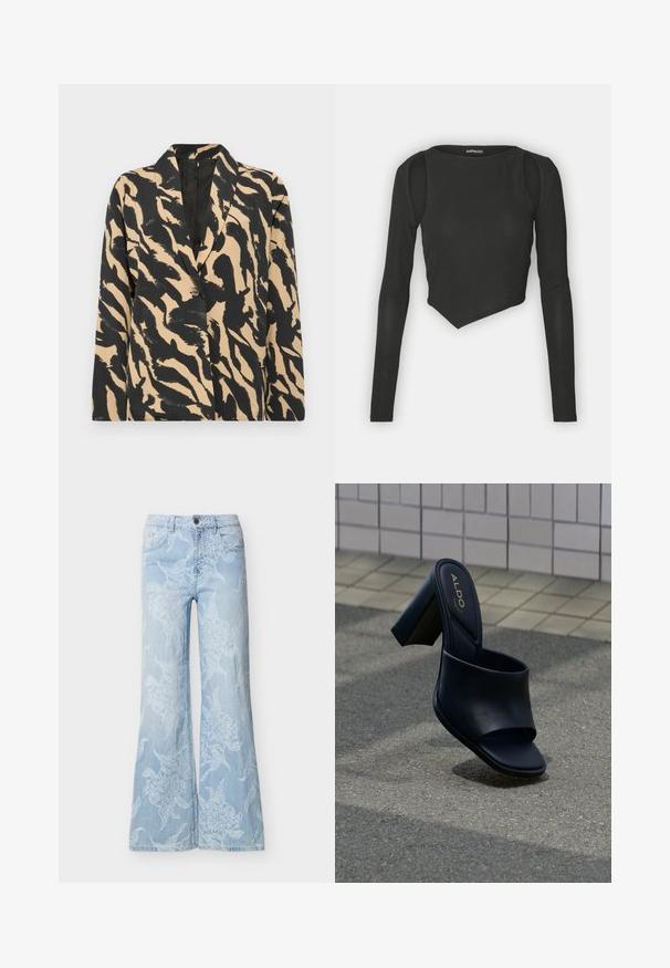 Sort og beige mønstret blazer med spids krave og enkelt knaplukning, lavet af et tekstureret stof med et dristigt dyremønster.; Sort langærmet crop top lavet af ribbet stof, med rund halsudskæring og en asymmetrisk kant samt udskæringer ved skuldrene.; Lyseblå jeans med vide ben, hvidt blomstermønster påbroderet og med knapper foran samt lommer.; Sort højhælet sandal med åben tå, bred rem, firkantet tå og ALDO-mærke på den polstrede indersål, med tekstureret fortovsbaggrund.