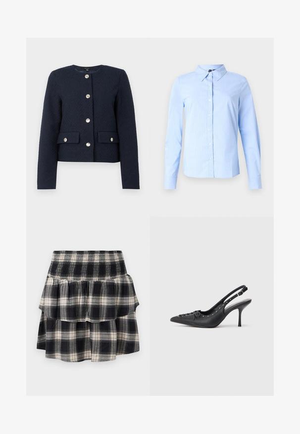 Chaqueta texturizada azul marino con cuello redondo, mangas largas, cuatro botones plateados en el frente, y dos bolsillos con solapa y cierre de botón.; Camisa azul claro de manga larga con finas rayas blancas y cuello puntiagudo, mostrada sobre un fondo liso.; Falda de cuadros en blanco y negro con cintura fruncida. Presenta capas con volantes y una textura suave de algodón.; Sandal de tacón stiletto negro de cuero con punta afilada, correa lateral con hebilla, tachuelas a lo largo del borde y cordones decorativos en la parte delantera.