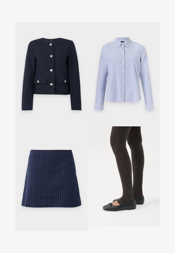 Chaqueta texturizada azul marino con cuello redondo, mangas largas, cuatro botones plateados en el frente, y dos bolsillos con solapa y cierre de botón.; Camisa de manga larga con botones, con rayas verticales blancas y azul claro y cuello puntiagudo, mostrada sobre un fondo liso.; Falda azul marino con finas rayas verticales blancas y un corte recto, por encima de la rodilla, mostrada sobre un fondo blanco liso.; Piernas con leggings oscuros acanalados combinados con bailarinas negras que presentan pequeños detalles de lazo sobre un fondo blanco.