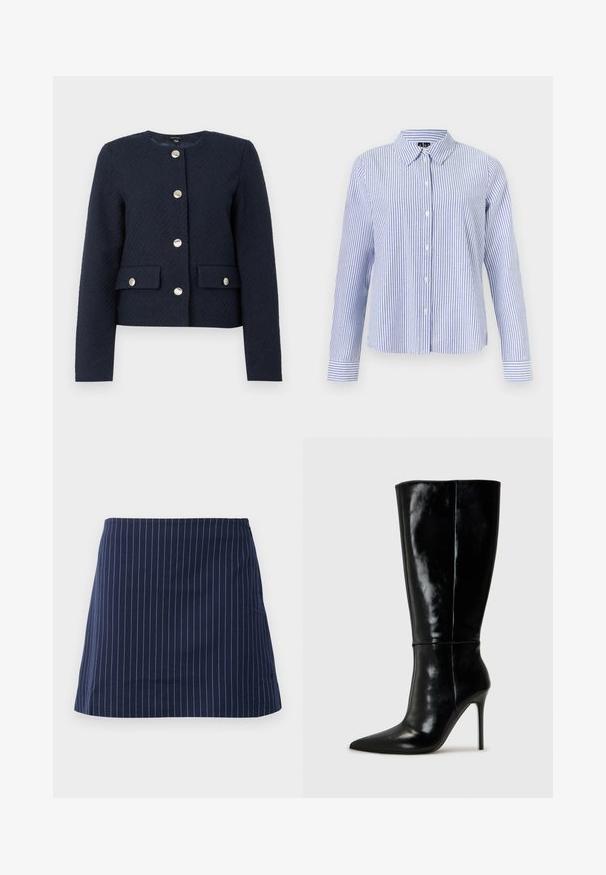 Chaqueta texturizada azul marino con cuello redondo, mangas largas, cuatro botones plateados en el frente, y dos bolsillos con solapa y cierre de botón.; Camisa de manga larga con botones, con rayas verticales blancas y azul claro y cuello puntiagudo, mostrada sobre un fondo liso.; Falda azul marino con finas rayas verticales blancas y un corte recto, por encima de la rodilla, mostrada sobre un fondo blanco liso.; Botas de cuero negro hasta la rodilla con punta afilada y tacón alto de aguja. Textura suave y diseño elegante, con detalles mínimos.