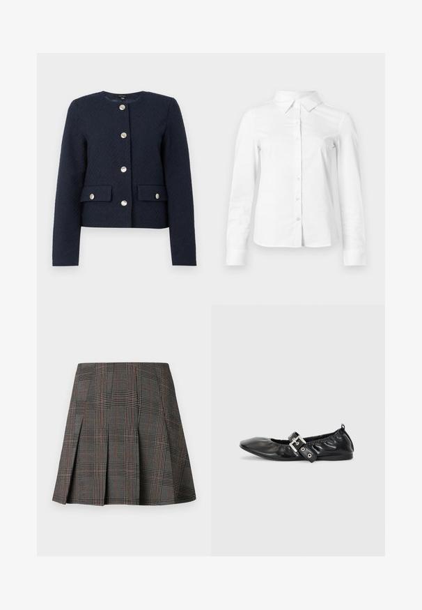 Chaqueta texturizada azul marino con cuello redondo, mangas largas, cuatro botones plateados en el frente, y dos bolsillos con solapa y cierre de botón.; Camisa blanca de manga larga con botones, cuello puntiagudo, bajo recto y silueta ajustada, presentada sobre un fondo claro y liso.; Falda de cuadros gris con pliegues, con intrincados patrones en blanco y negro, acentuados por delgadas líneas rojas. Está hecha de una tela estructurada.; Zapato plano de piel negra con puntera afilada, detalle fruncido alrededor de la abertura y un acento de hebilla plateada en la correa ajustable.