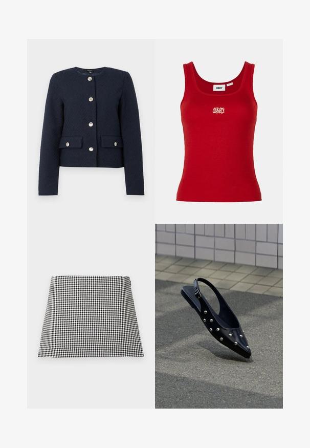 Mørkeblå tekstureret jakke med rund halsudskæring, lange ærmer, fire sølvknapper foran og to klaplommer med knaplukninger.; Rød ribbet tanktop med rund udskæring og brede stropper, med et broderet "OBEY" logo i hvidt på forsiden i midten.; Sort og hvid ternet A-formet mininederdel med lynlås i siden på en ensfarvet baggrund.; Sort spids slingback-sko med sølvnitter, der svæver over asfalt tæt på flisebelagt væg.