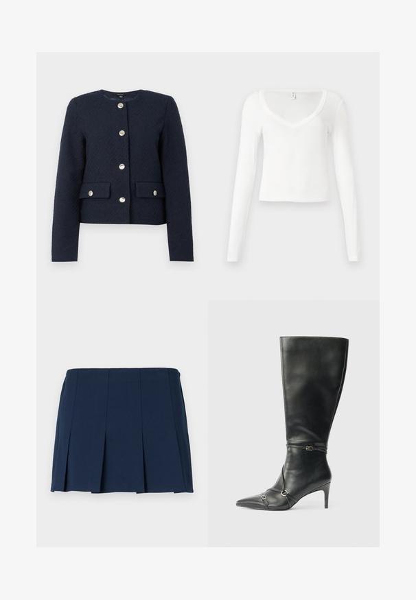 Chaqueta texturizada azul marino con cuello redondo, mangas largas, cuatro botones plateados en el frente, y dos bolsillos con solapa y cierre de botón.; Camiseta blanca de manga larga con cuello en V, ajustada y corta, con una textura simple y suave en la tela, sobre un fondo neutro.; Falda mini plisada de color azul marino con una cinturilla recta, hecha de una tela suave. Presenta costuras verticales a lo largo de los pliegues.; Botas negras de cuero hasta la rodilla con tacón delgado, punta afilada y detalles de diseño con correas en el tobillo. Textura suave y diseño ajustado.