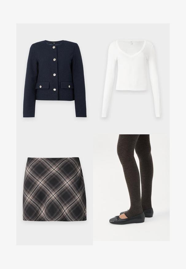 Diepblauwe textuurjas met ronde hals, lange mouwen, vier zilveren knopen aan de voorkant en twee klepzakken met knoopsluitingen.; Witte, langärmelige, V-hals, aansluitende, cropped shirt met een eenvoudige, gladde stoftextuur op een neutrale achtergrond.; Zwart en beige geruite minirok met diagonaal geblokt patroon, aansluitende taille en een gladde stoftextuur.; Benen met donkere geribbelde leggings gecombineerd met zwarte ballerina's met kleine strikdetails op een witte achtergrond.