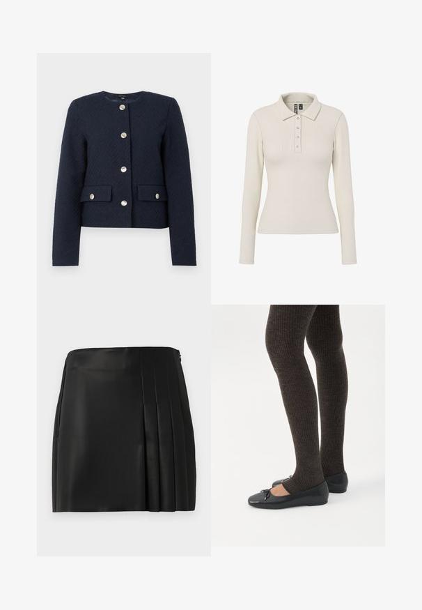 Chaqueta texturizada azul marino con cuello redondo, mangas largas, cuatro botones plateados en el frente, y dos bolsillos con solapa y cierre de botón.; Camisa polo de manga larga en tejido acanalado color blanco roto, con cuello y cinco botones metálicos en la parte frontal. Diseño ajustado.; Mini falda de piel sintética negra con un frente liso y detalle plisado en el lado derecho, que cuenta con un cierre de cremallera en la parte posterior.; Piernas con leggings oscuros acanalados combinados con bailarinas negras que presentan pequeños detalles de lazo sobre un fondo blanco.
