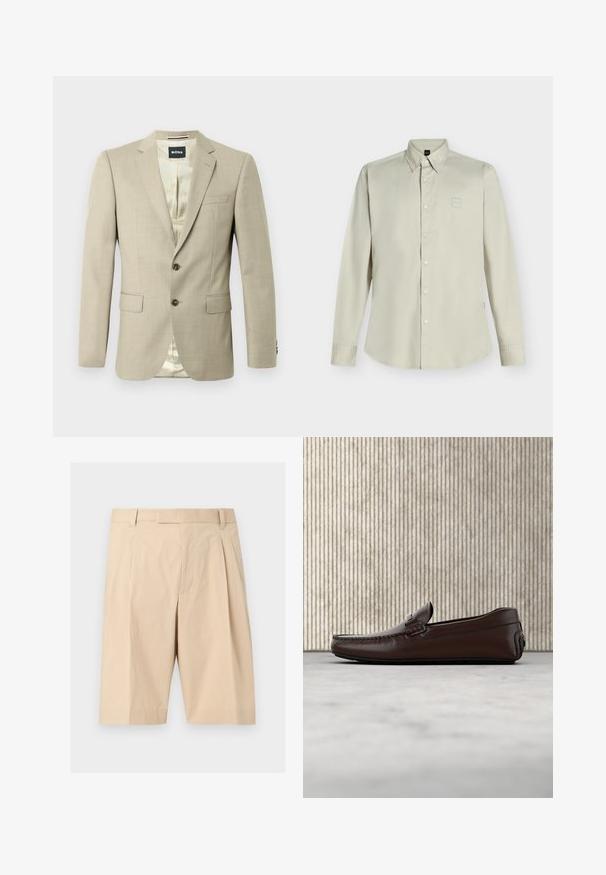 Blazer beige avec une texture lisse, revers crantés, deux poches avant, une poche poitrine unique et boutons marron ; l'intérieur présente un motif léger.; Chemise beige à manches longues avec boutons, col et petit logo sur la poitrine, présentée sur un fond clair uni.; Shorts beige mi-long cintrés avec passants pour ceinture, plis à l'avant et fermeture éclair cachée sur le devant.; Mocassins en cuir marron avec une finition lisse, des coutures de style mocassin, un bout rehaussé et une semelle en caoutchouc basse et flexible.