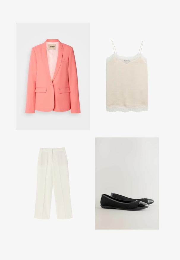 Koralfarvet blazer med revner, to frontlommer, enkeltknaplukning og en glat tekstur. Foret indvendig med synlig mærke.; Beige satin cami-top med tynde stropper og hvid blondekant langs udskæringen og kanten.; Bredde bukser i en lys cremefarve. Fremstillet af et blødt, glat stof med et skræddersyet design. Har sidelommer og en skjult lukning.; Sorte balletflade lavet af ruskind med en skinnende laklæder kappe ved tåen. Har et lavprofil design med en glat tekstur og fleksibel sål.