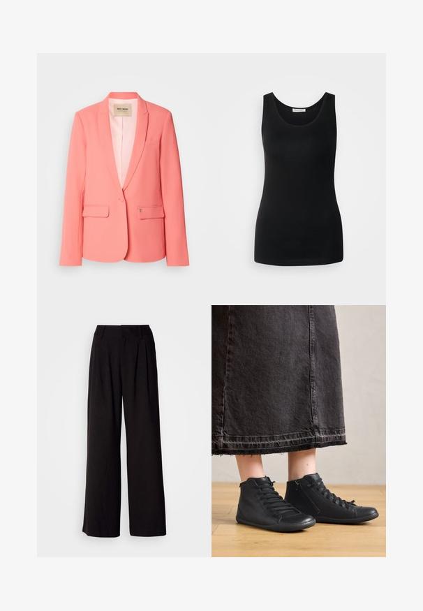 Blazer de color coral con solapa muesca, dos bolsillos frontales, cierre de un botón y una textura suave. Interior forrado con etiqueta de la marca visible.; Camiseta sin mangas negra, hecha de tela suave, presenta un clásico escote redondeado y un diseño ajustado. Sin patrones ni acentos.; Pantalones de pierna ancha negros, confeccionados en una tela suave, con pliegues en la parte frontal, una cinturilla ajustada y sin patrones o acentos visibles.; Botas altas de cuero negro con una textura suave, que cuentan con cordones y una cremallera lateral. Llevadas con una falda larga de mezclilla negra.